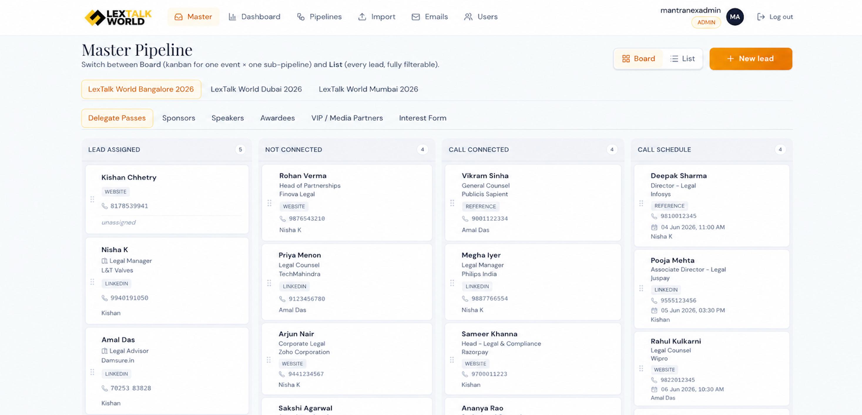 Lead pipeline — Kanban view with drag-and-drop stages