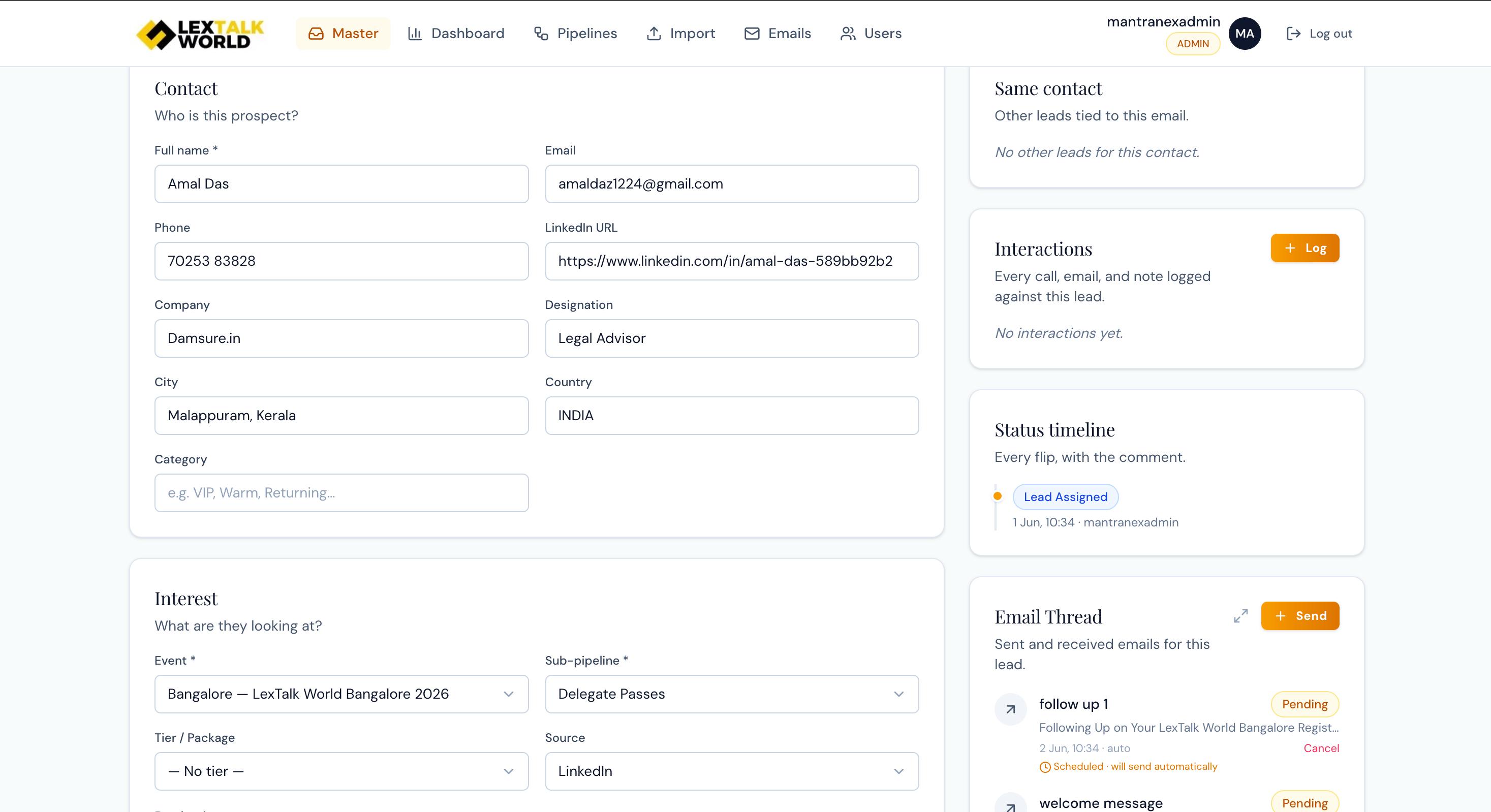 Lead detail — contact info, status timeline, email thread