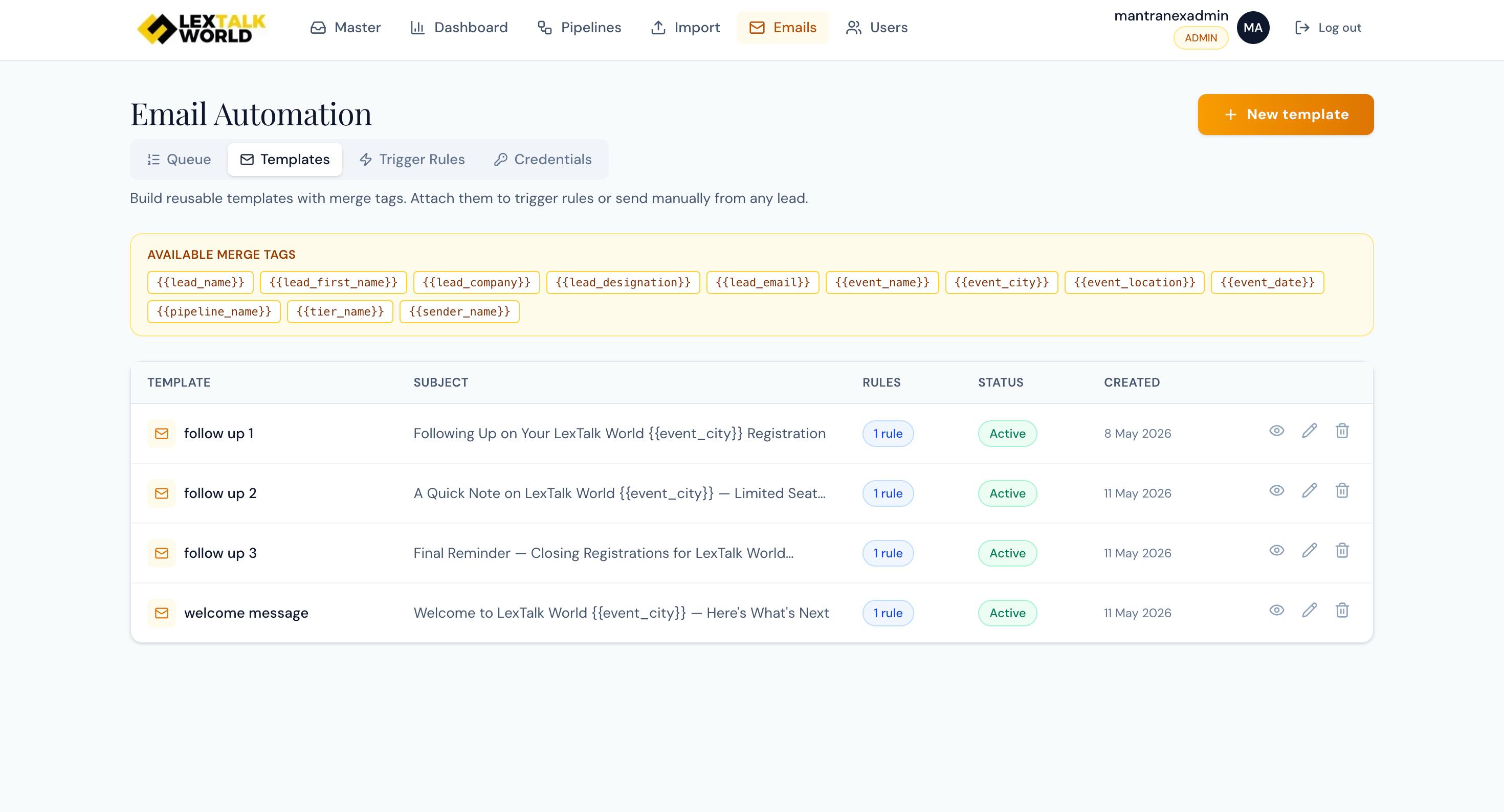 Email automation — templates with merge tags and trigger rules